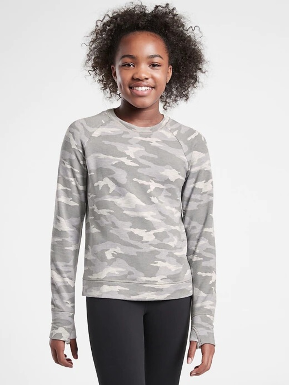 Athleta Girl Cozy Cross Your Fingers Gray Camo Sweatshirt Sz L/12